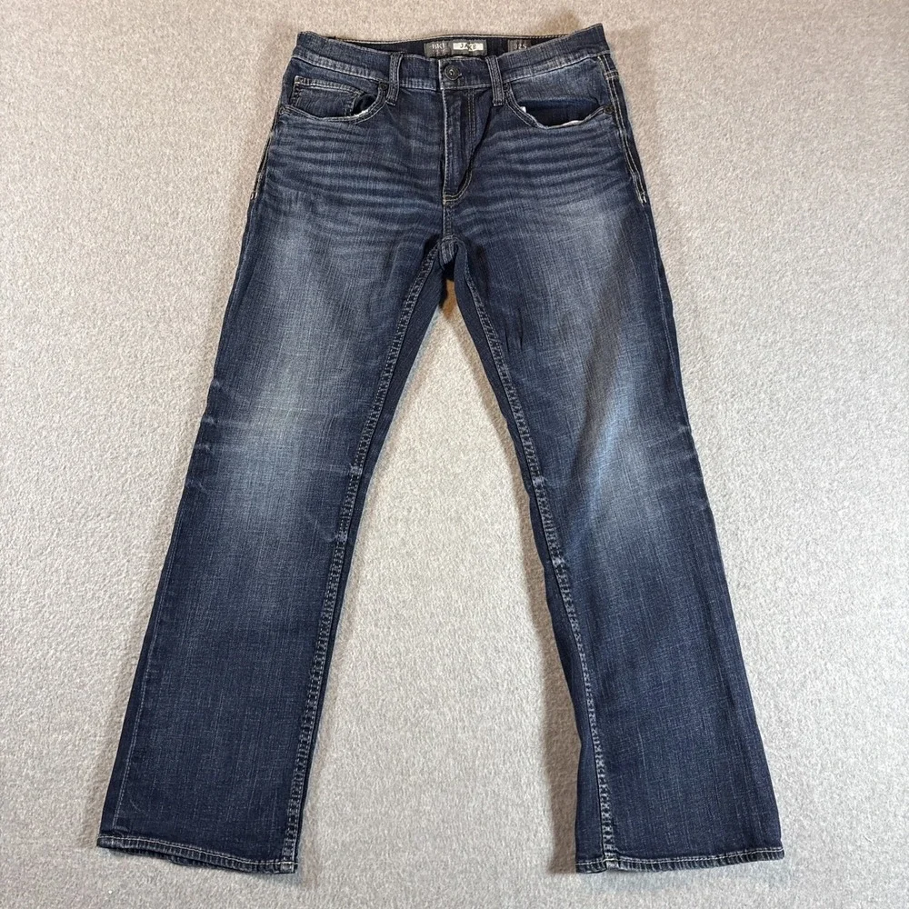 BKE Jake Boot Leg Jeans Blue Denim Straight Leg Dark Wash Stretch Mens 32s 32x29